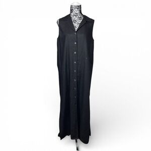 Lagenlook Black Linen Maxi Button Front Sleeveless Dress Plus Size 16 Minimalist